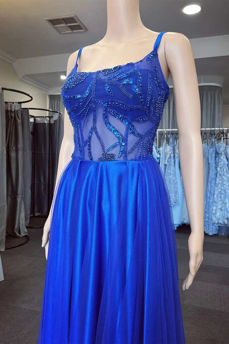 Vestido de fiesta de corte A con escote redondo y apliques